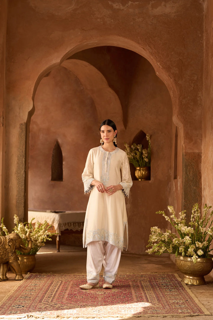 Anam - Daisy Ivory With Blue A-line Kurta With Salwar And Dupatta