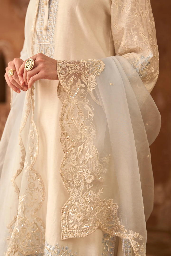 Anam - Daisy Ivory With Blue A-line Kurta With Salwar And Dupatta