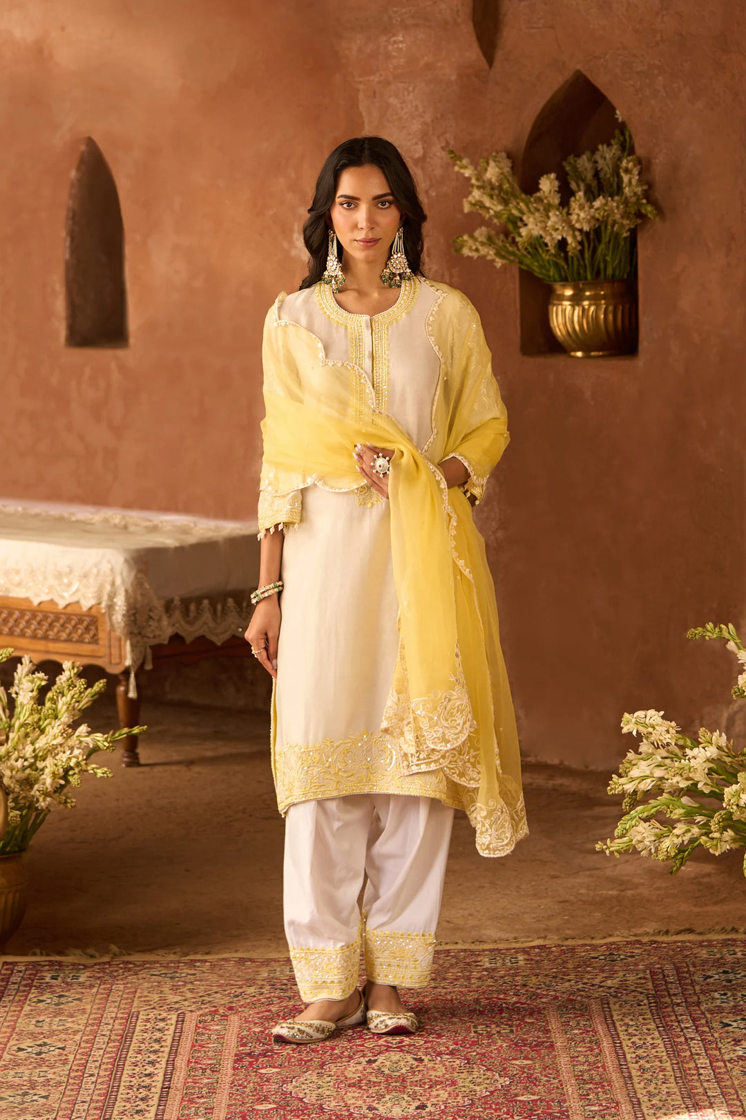 Anam - Daisy Ivory With Lemon Yellow A-line Kurta With Salwar And Dupatta