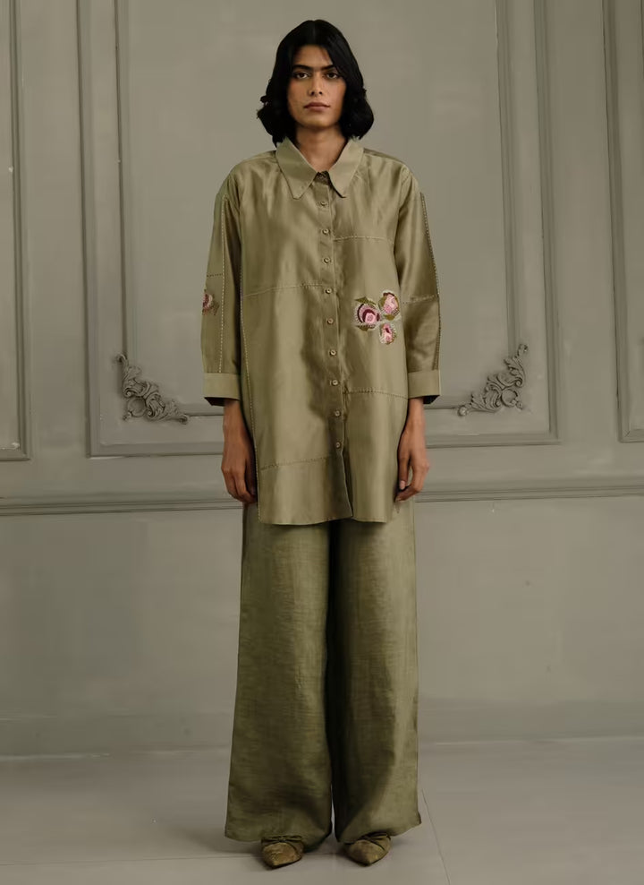 Sage Green Shirt in Silk Chanderi With Embroidery and Flared Pants in Linen
