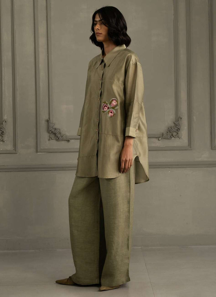 Sage Green Shirt in Silk Chanderi With Embroidery and Flared Pants in Linen
