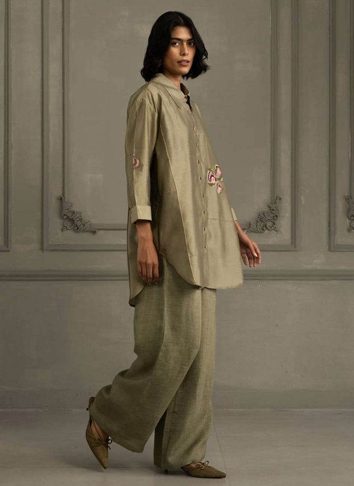 Sage Green Shirt in Silk Chanderi With Embroidery and Flared Pants in Linen