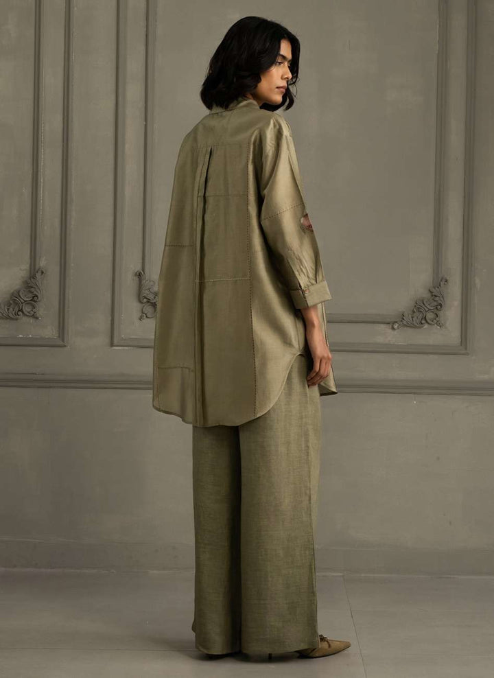 Sage Green Shirt in Silk Chanderi With Embroidery and Flared Pants in Linen