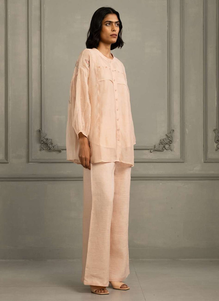 Old Rose Shirt in Mul Chanderi With Embroidery and Flared Pants in Linen