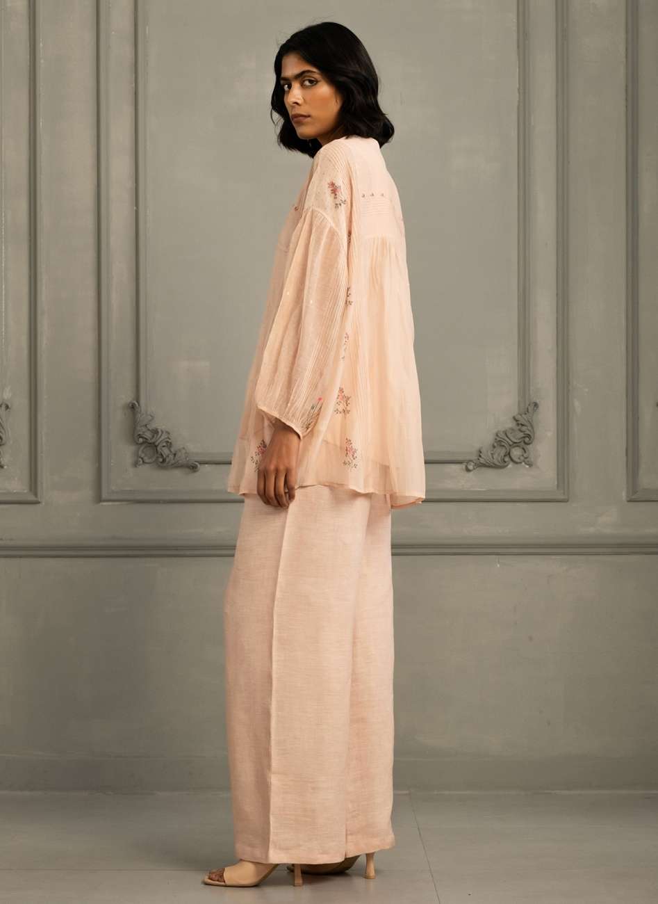 Old Rose Shirt in Mul Chanderi With Embroidery and Flared Pants in Linen