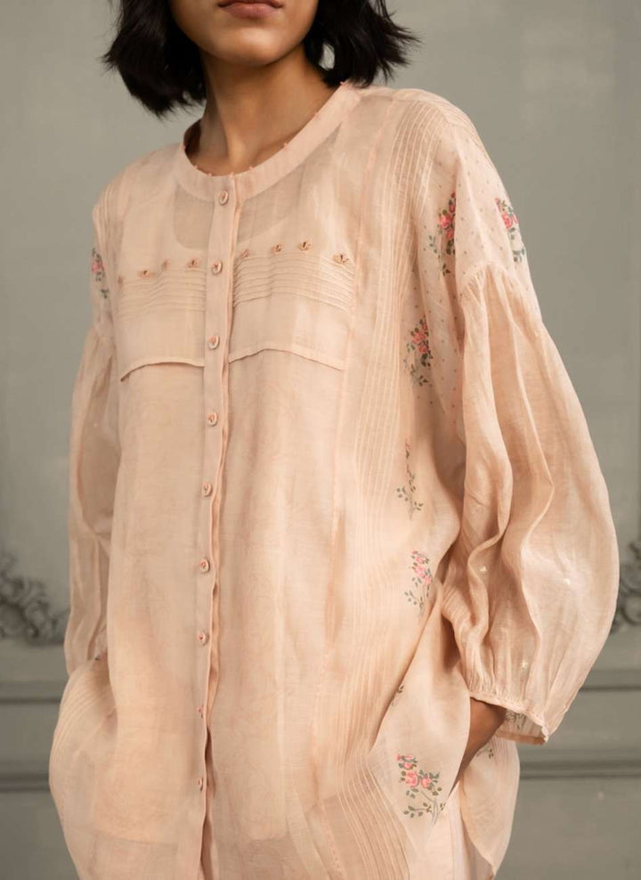 Old Rose Shirt in Mul Chanderi With Embroidery and Flared Pants in Linen