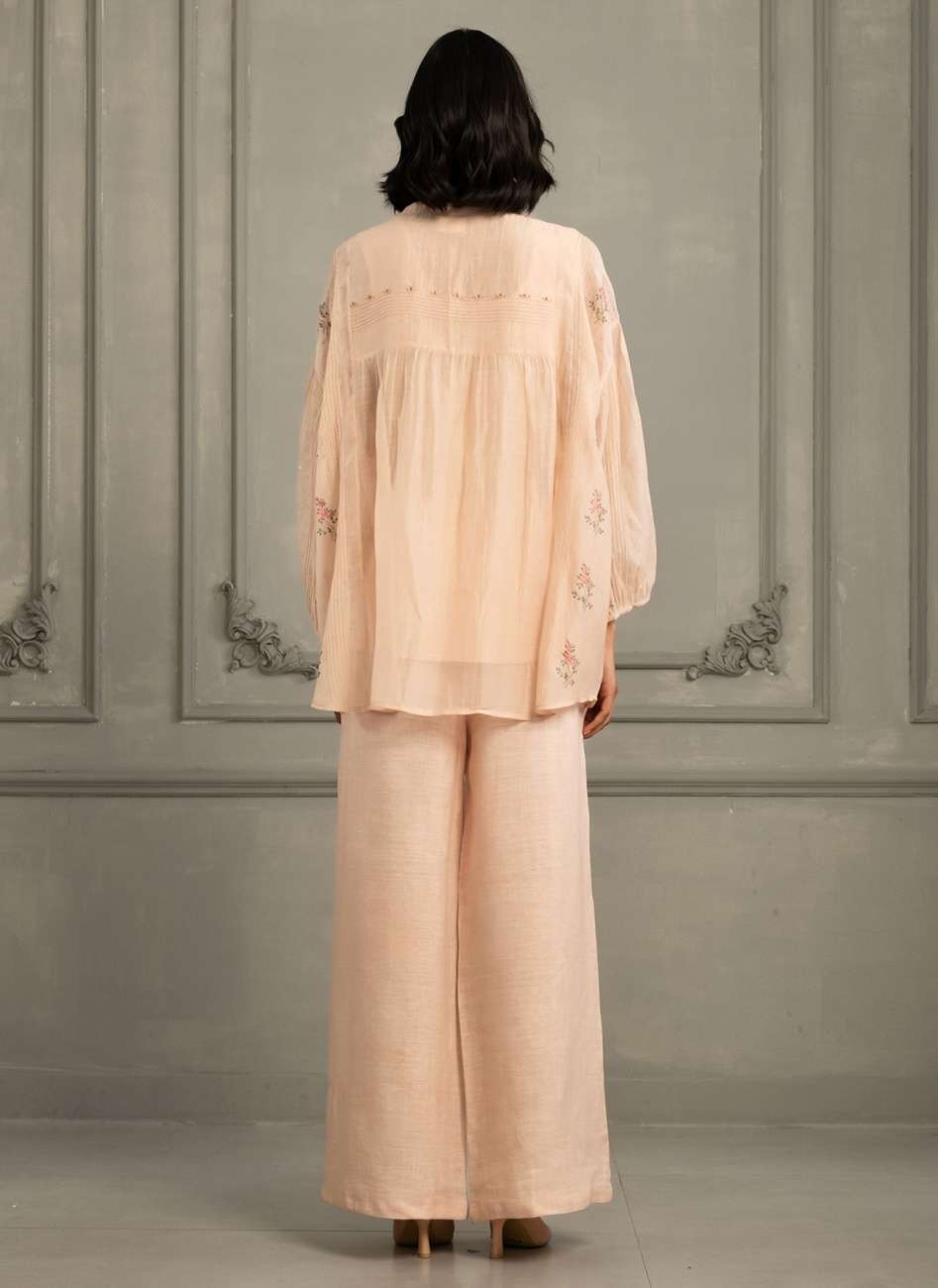 Old Rose Shirt in Mul Chanderi With Embroidery and Flared Pants in Linen