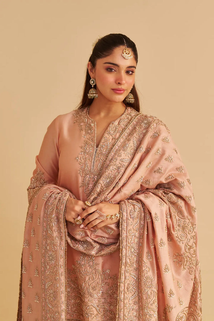 Woman wearing a traditional pink kurta with intricate patterns on a beige background