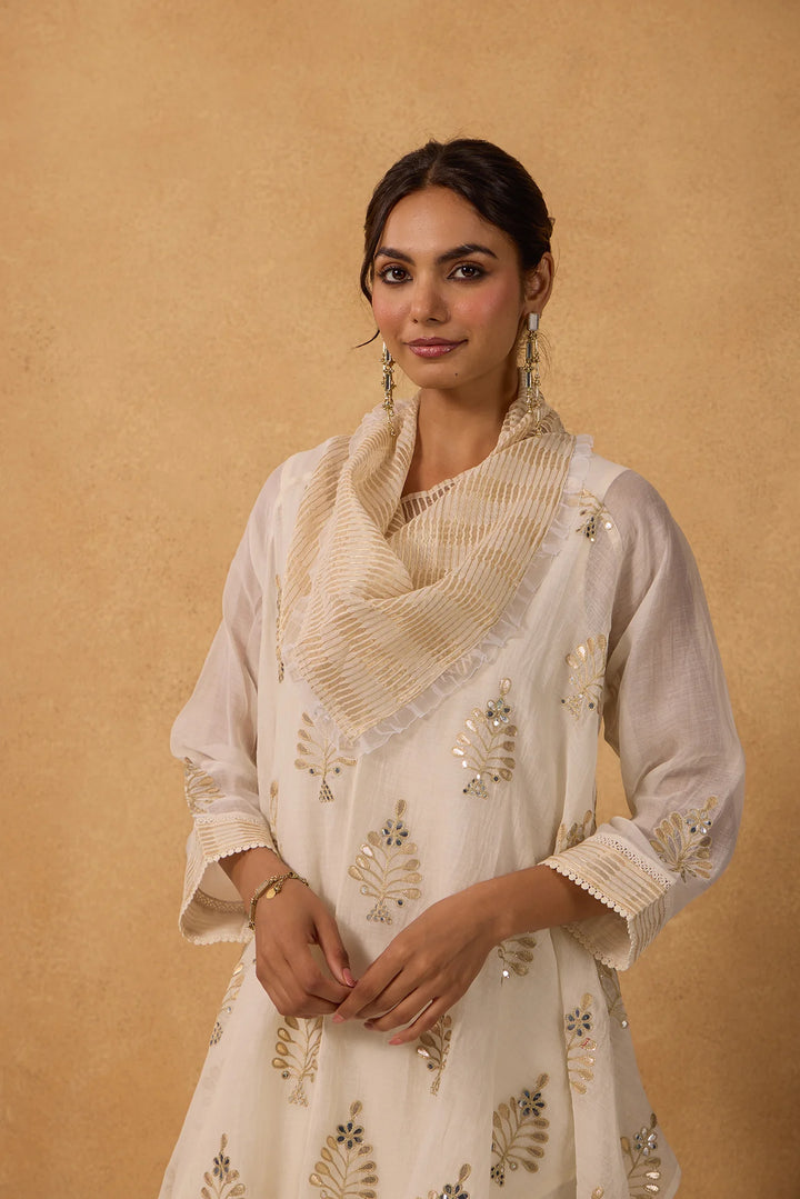 Asymmetric Embroidered Cowl Tunic Set in Off-White