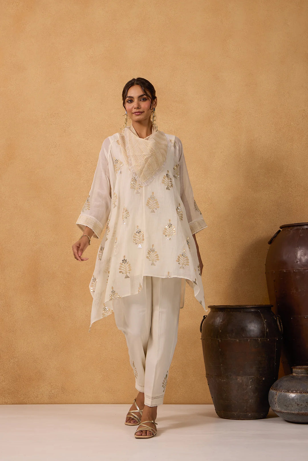 Asymmetric Embroidered Cowl Tunic Set in Off-White