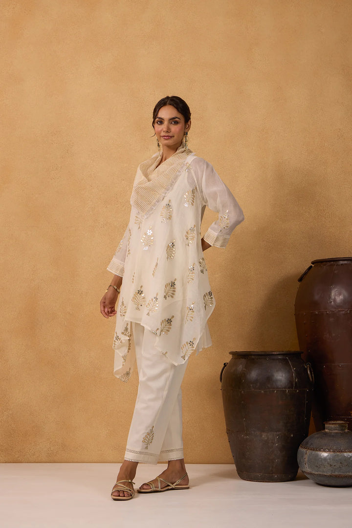 Asymmetric Embroidered Cowl Tunic Set in Off-White