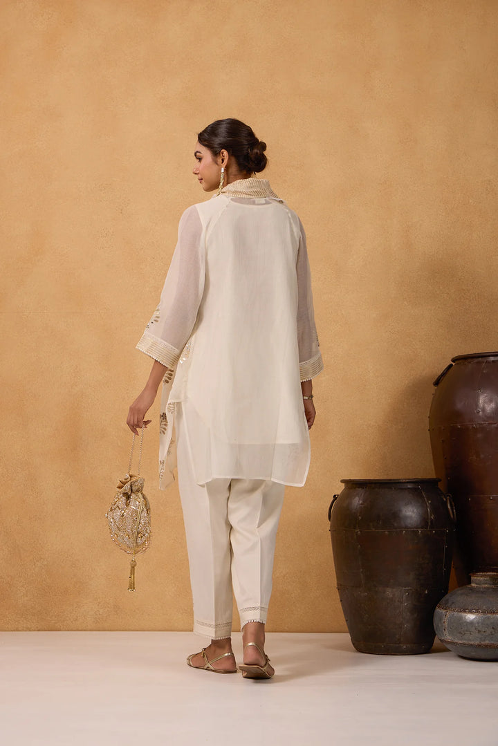 Asymmetric Embroidered Cowl Tunic Set in Off-White