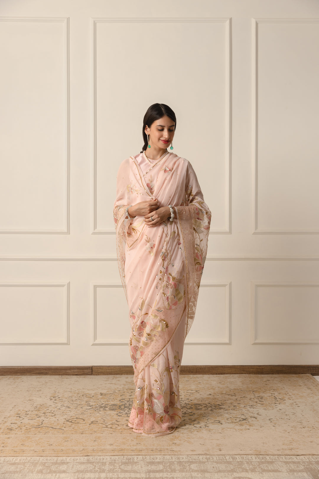 arulia blush pink chiffon saree