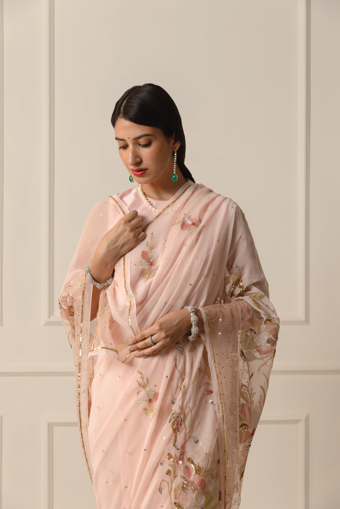 arulia blush pink chiffon saree