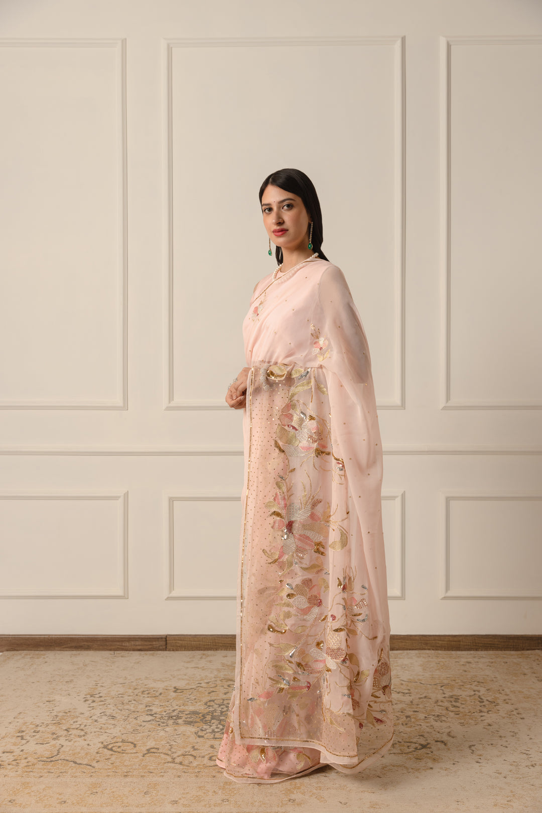 arulia blush pink chiffon saree