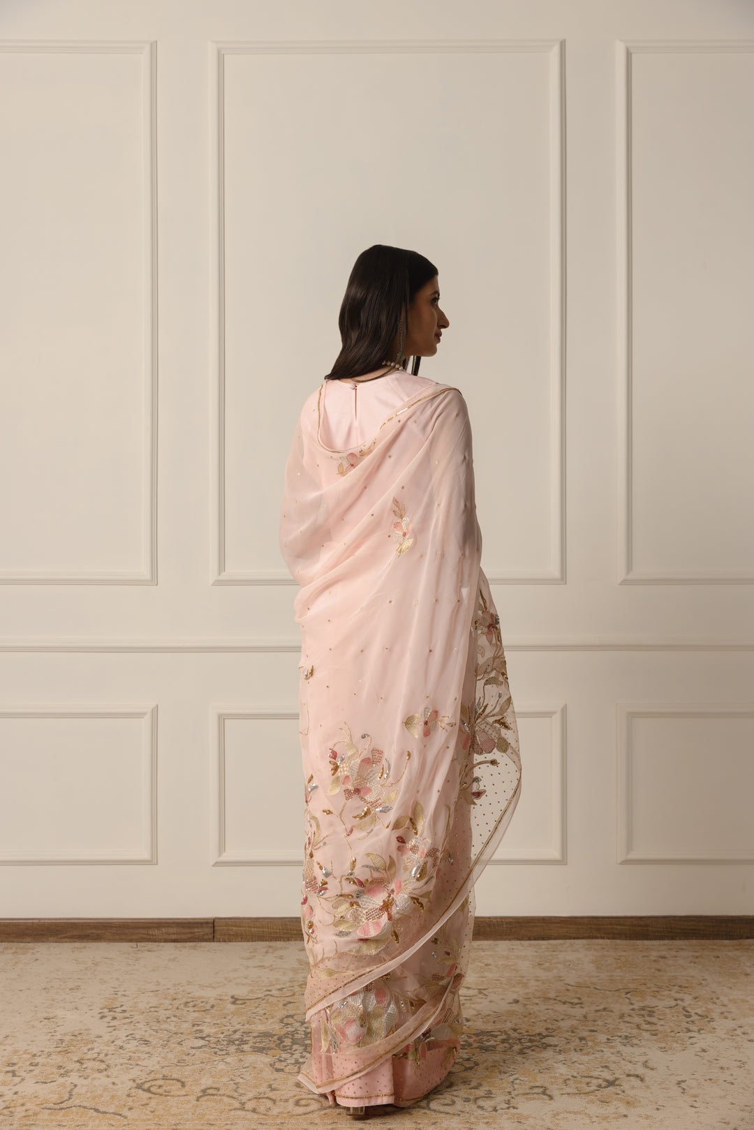 arulia blush pink chiffon saree