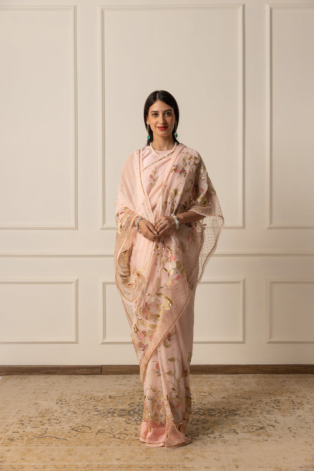 arulia blush pink chiffon saree