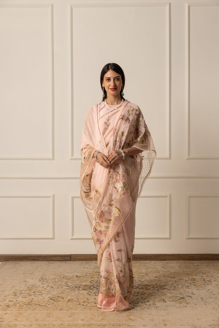 arulia blush pink chiffon saree