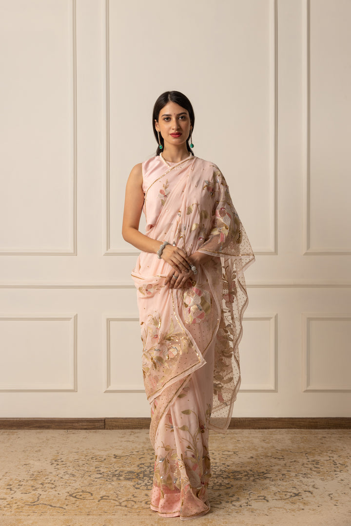 arulia blush pink chiffon saree