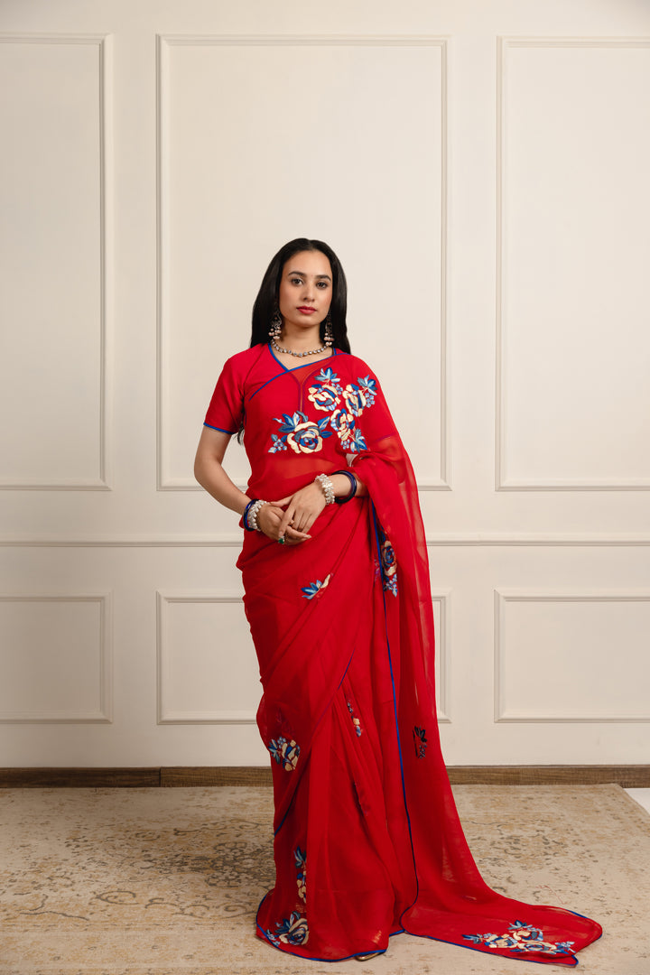 jivantika harshini red chiffon saree