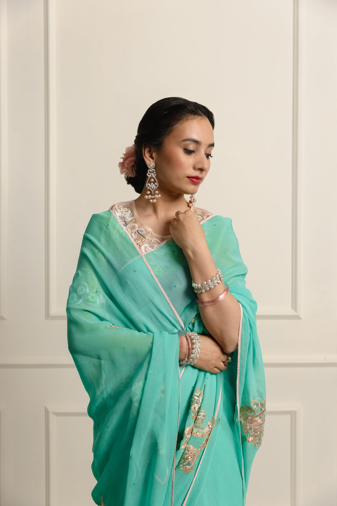 azuria Teal chiffon saree