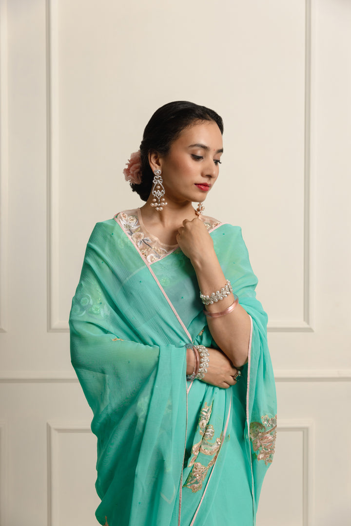 azuria Teal chiffon saree