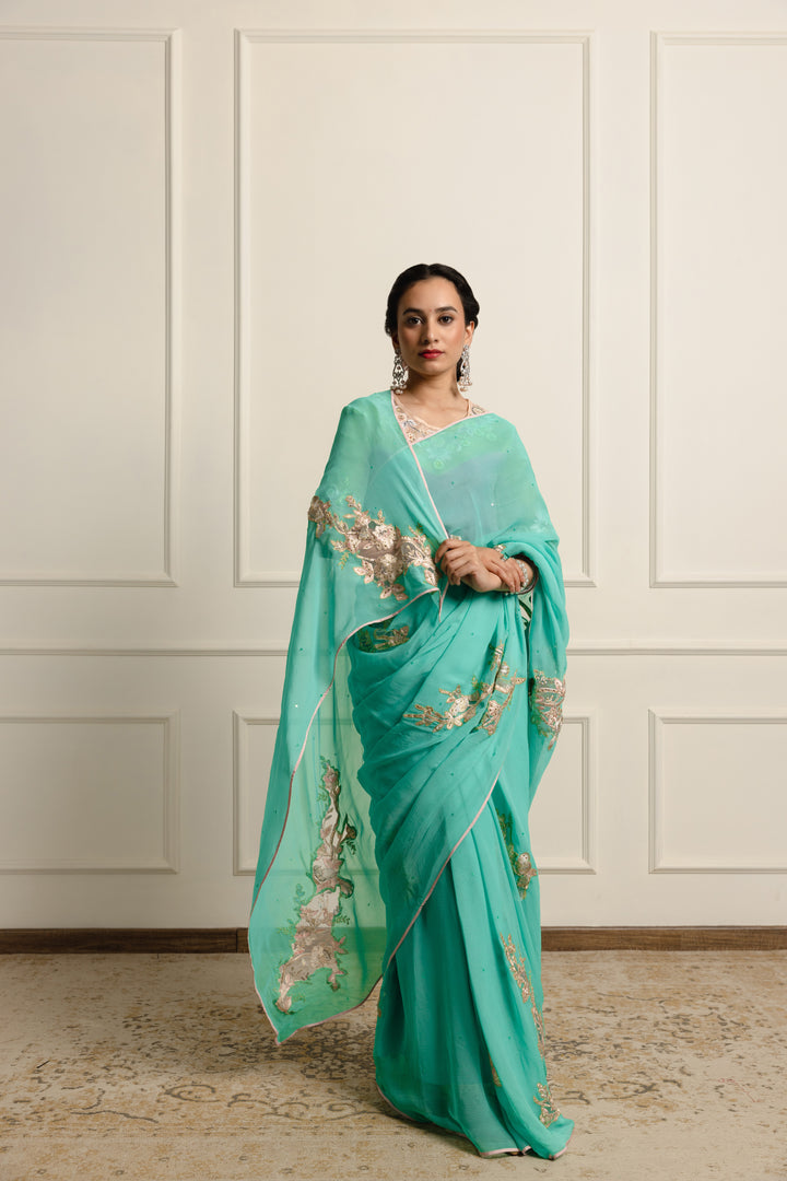 azuria Teal chiffon saree