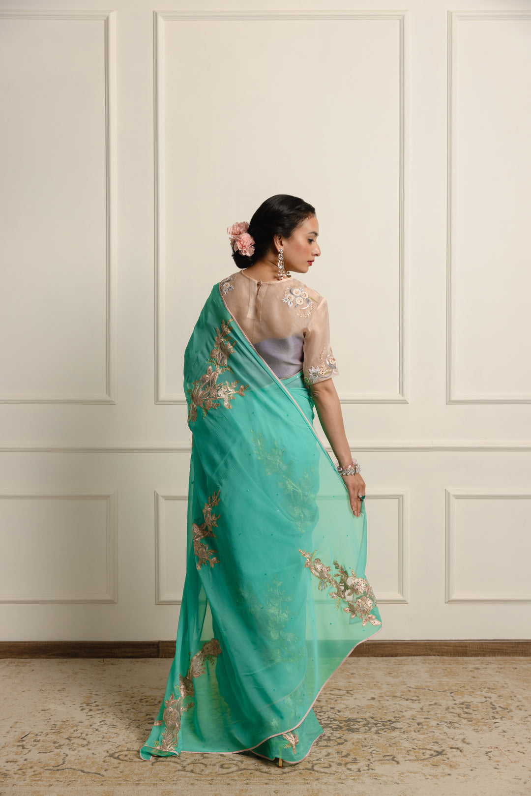 azuria Teal chiffon saree