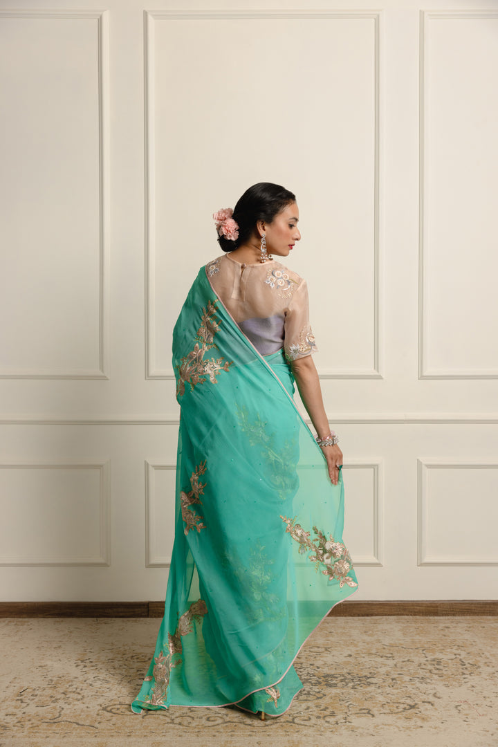 azuria Teal chiffon saree