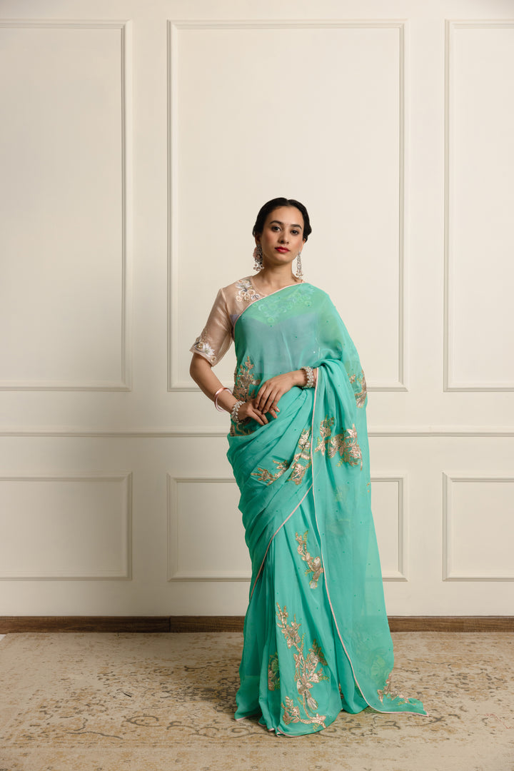 azuria Teal chiffon saree