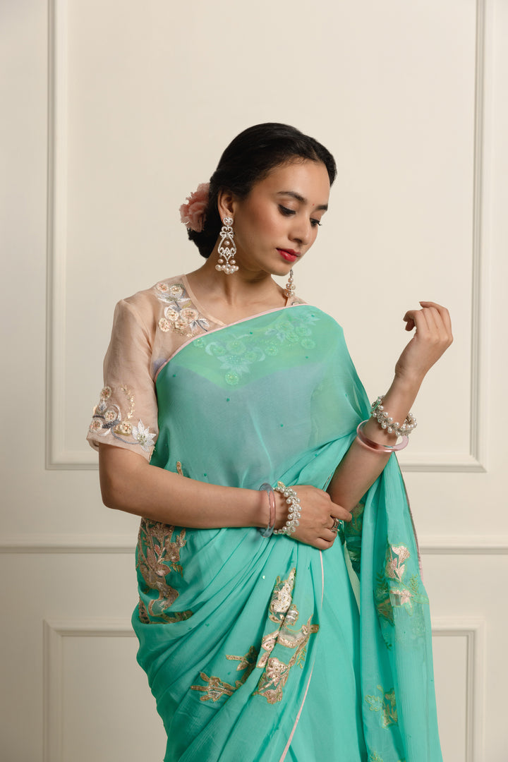 azuria Teal chiffon saree