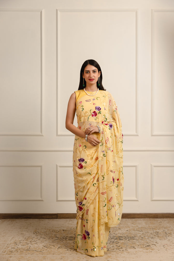 devyani mango yellow georgette saree