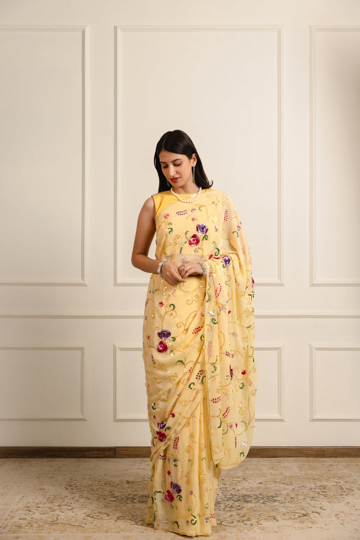 devyani mango yellow georgette saree