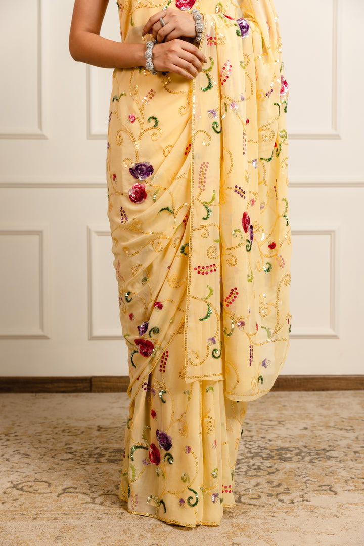 devyani mango yellow georgette saree