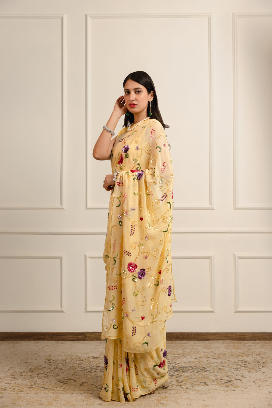 devyani mango yellow georgette saree