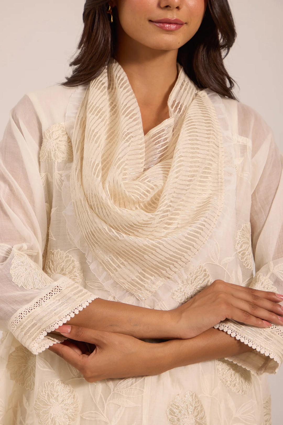 Asymmetric Tissue Patch Embroidered Cowl Tunic Set in Off-White