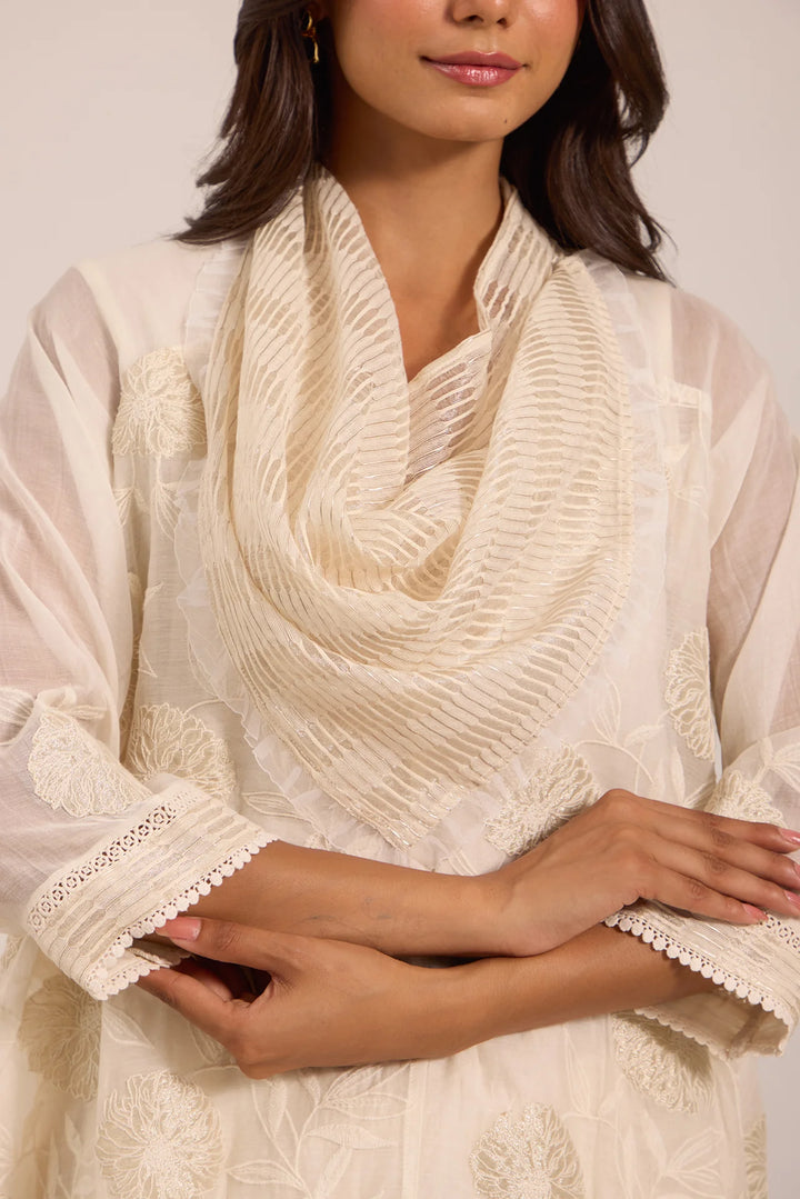 Asymmetric Tissue Patch Embroidered Cowl Tunic Set in Off-White