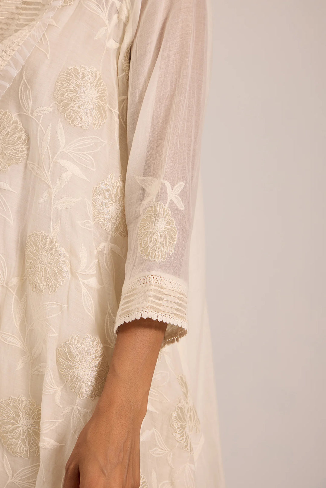 Asymmetric Tissue Patch Embroidered Cowl Tunic Set in Off-White