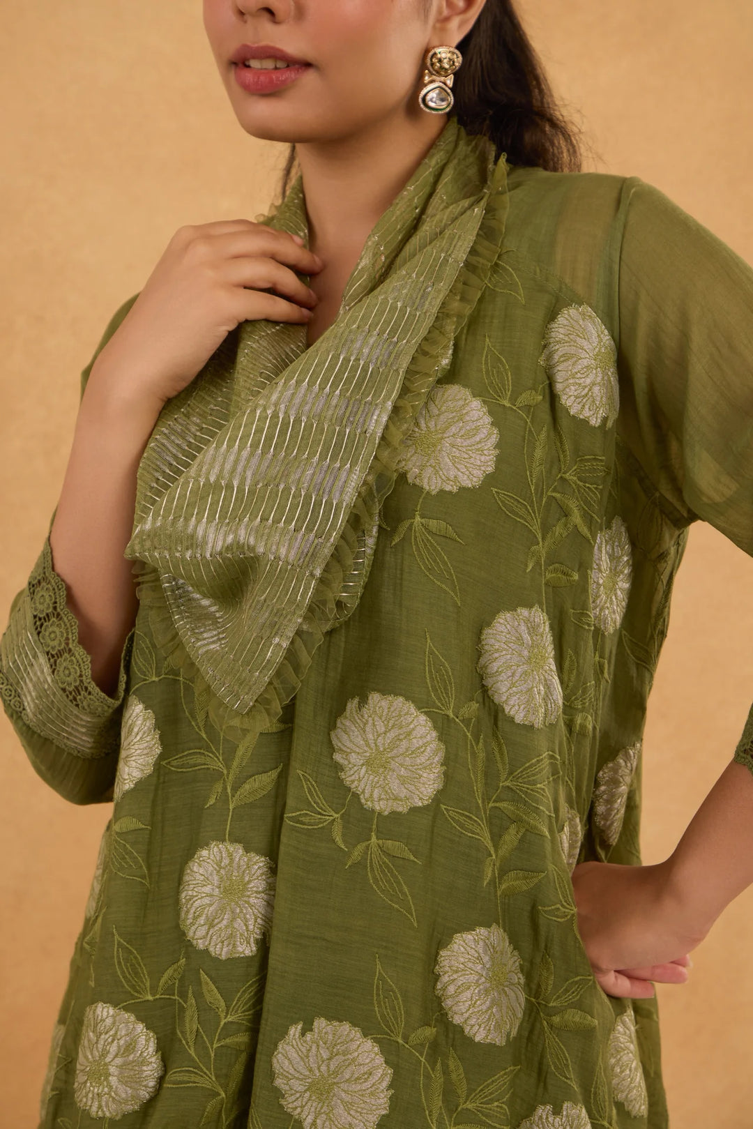 Asymmetric Tissue Patch Embroidered Cowl Tunic Set in Forest Green