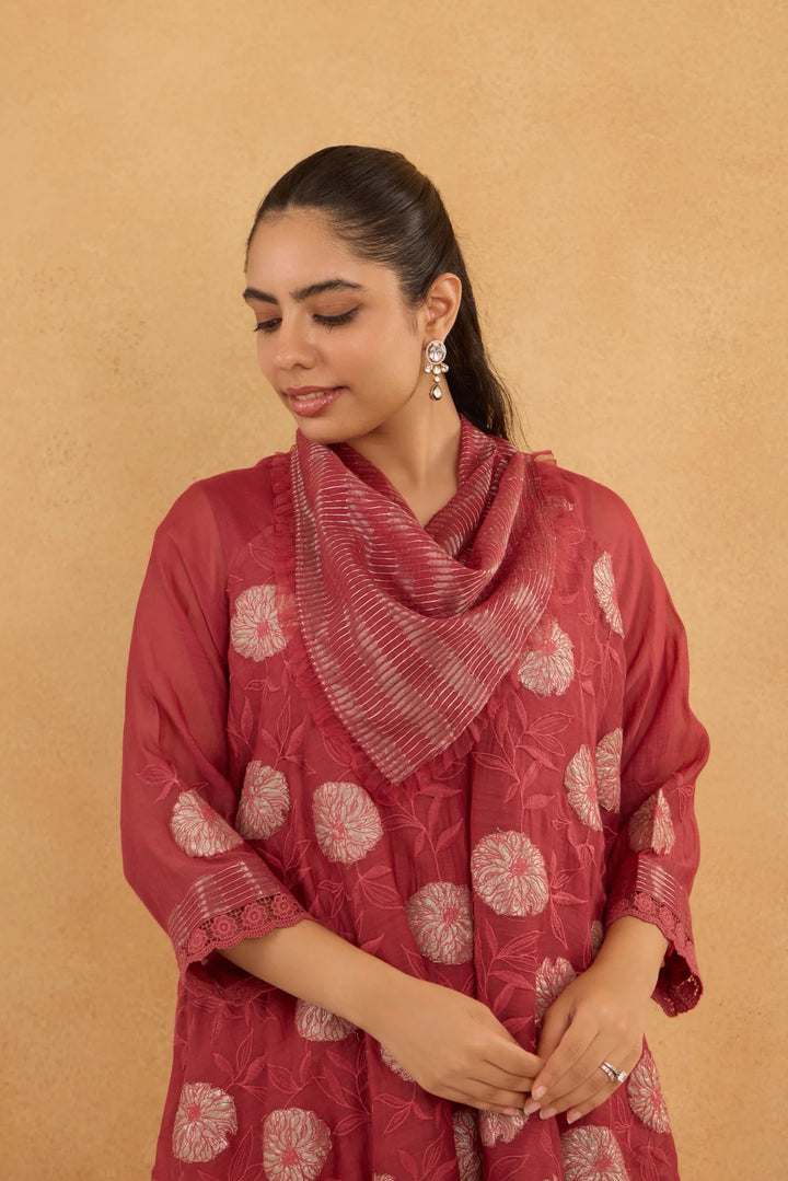Asymmetric Tissue Patch Embroidered Cowl Tunic Set in Brick Red