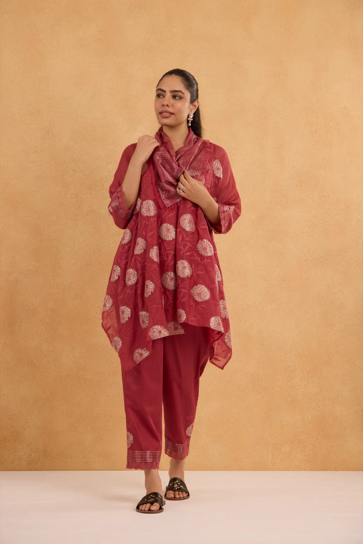 Asymmetric Tissue Patch Embroidered Cowl Tunic Set in Brick Red