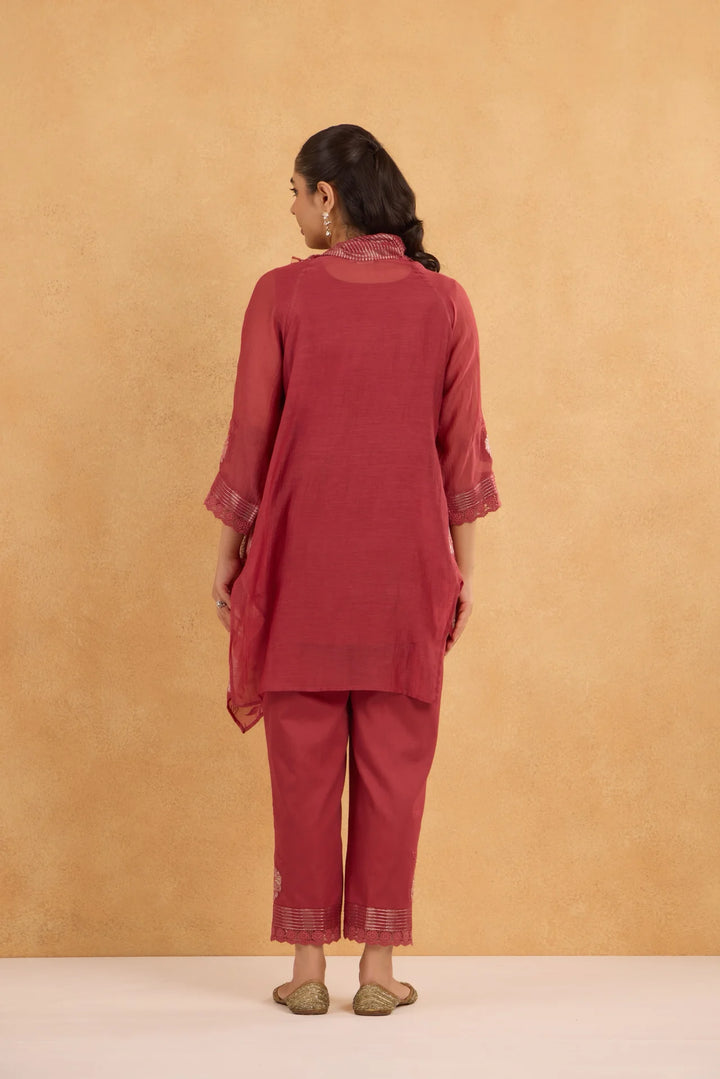 Asymmetric Tissue Patch Embroidered Cowl Tunic Set in Brick Red