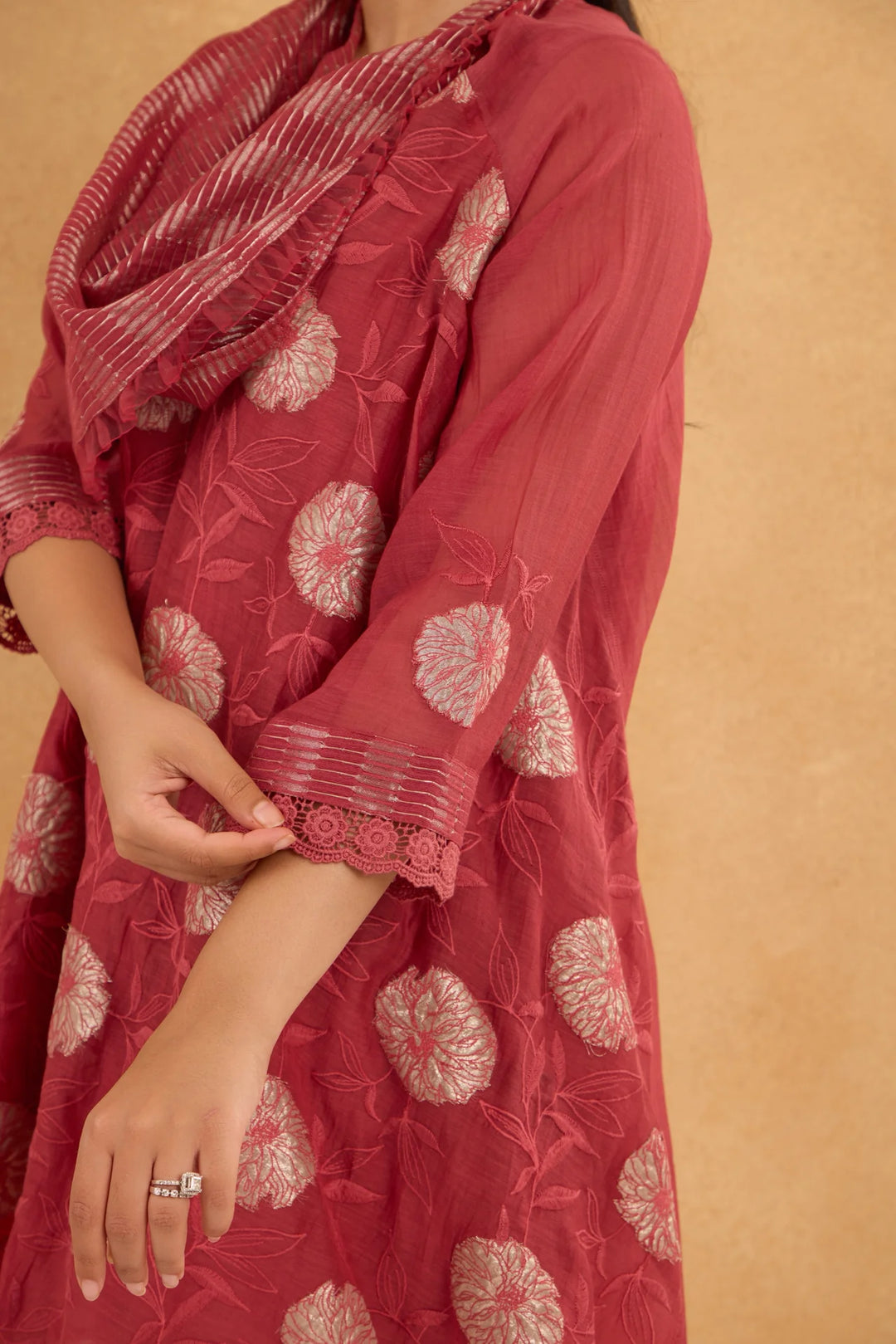 Asymmetric Tissue Patch Embroidered Cowl Tunic Set in Brick Red