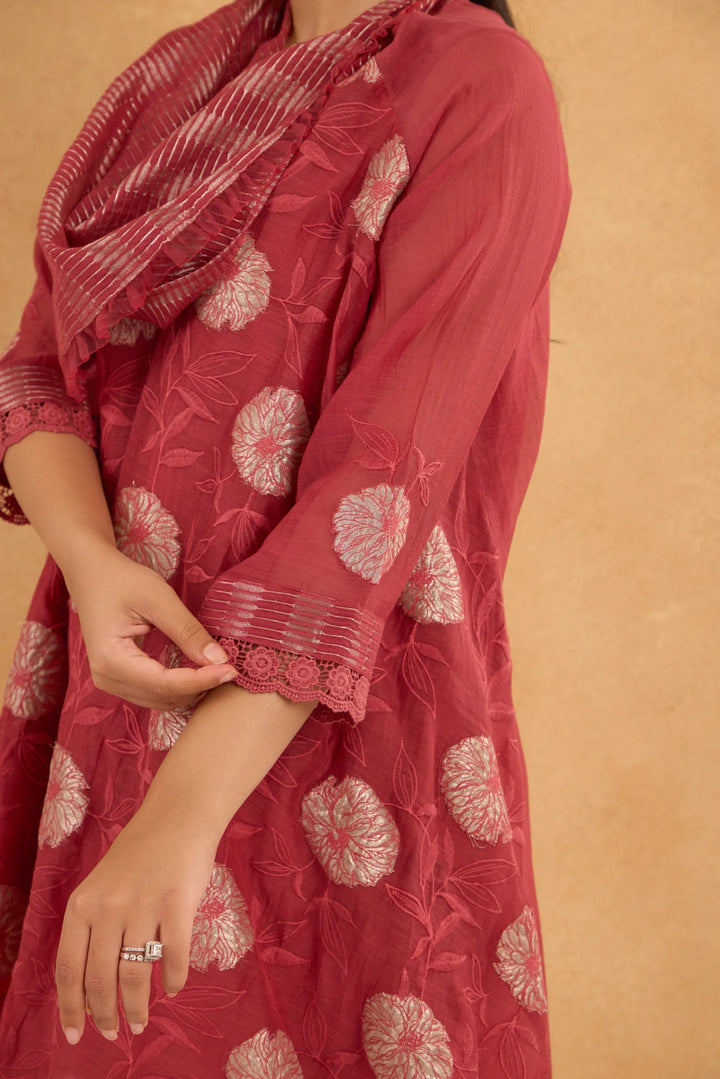 Asymmetric Tissue Patch Embroidered Cowl Tunic Set in Brick Red
