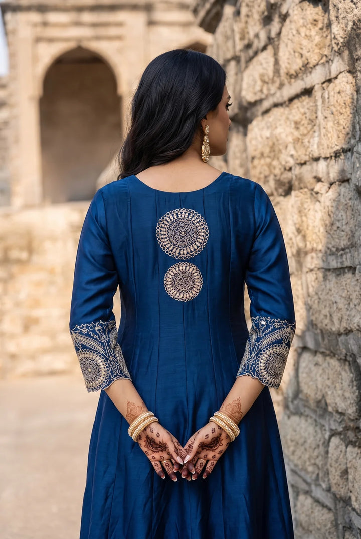 Deewani Silk Chanderi Anarkali Set in Cobalt Blue