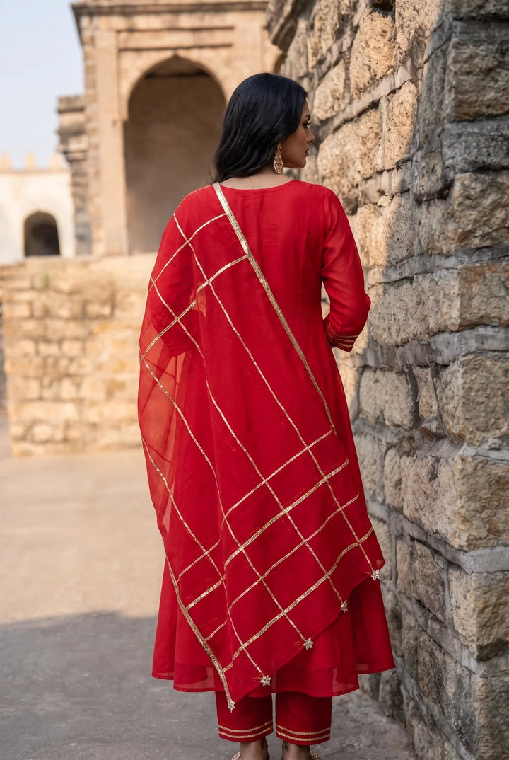 Raha Mul Chanderi Mukaish Anarkali Set in Red