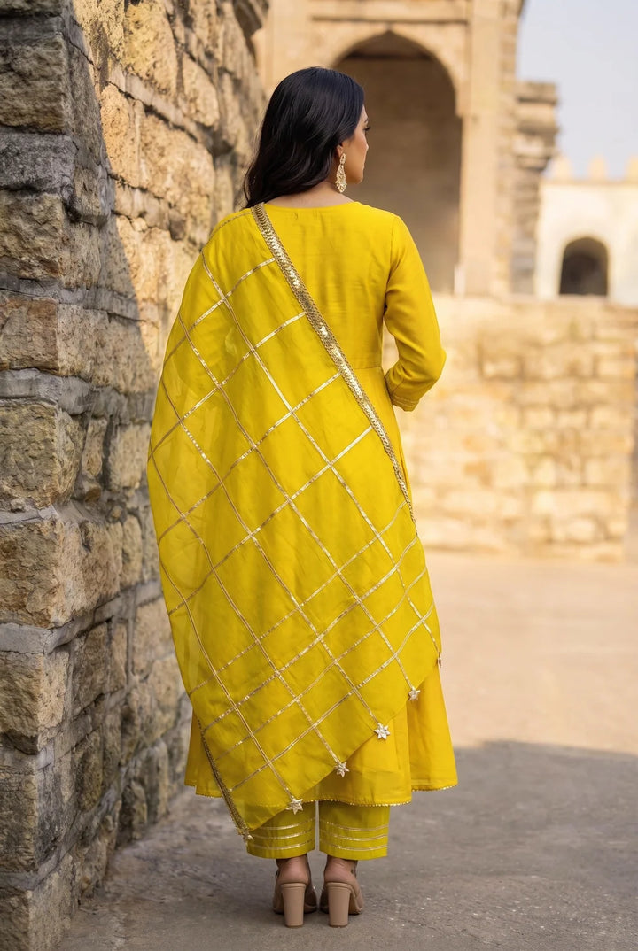 Raha Mul Chanderi Mukaish Anarkali Set in Lime Yellow