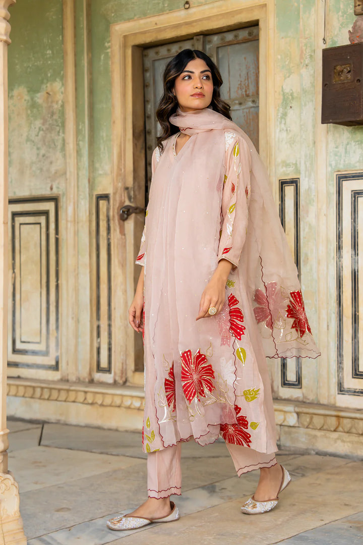 Beige Appliqué Floral A-line Kurta Set