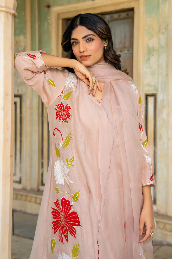 Beige Appliqué Floral A-line Kurta Set