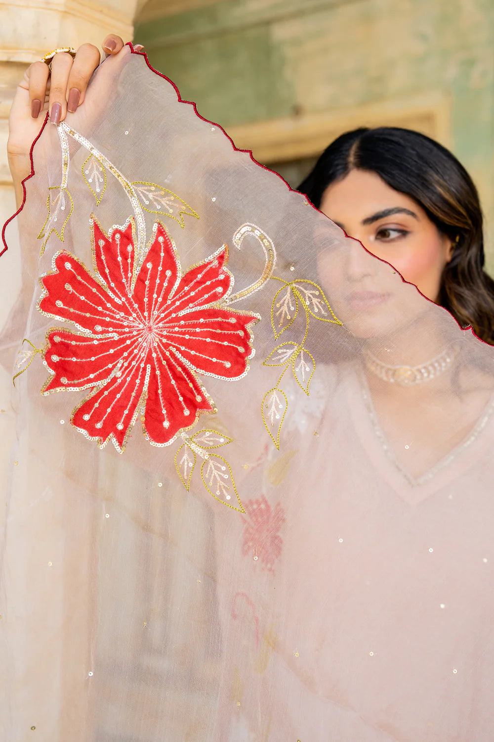 Beige Appliqué Floral A-line Kurta Set